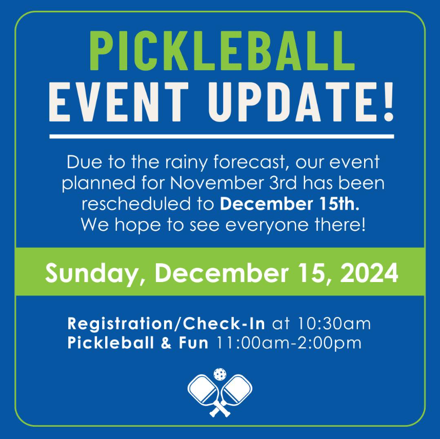 Infographic that shows the Pickleball Community event happening on November 3rd, 2024.